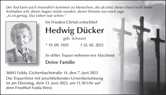 Traueranzeige von Hedwig Dücker von FZ