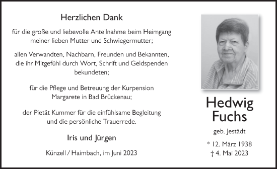 Traueranzeige von Hedwig Fuchs von FZ