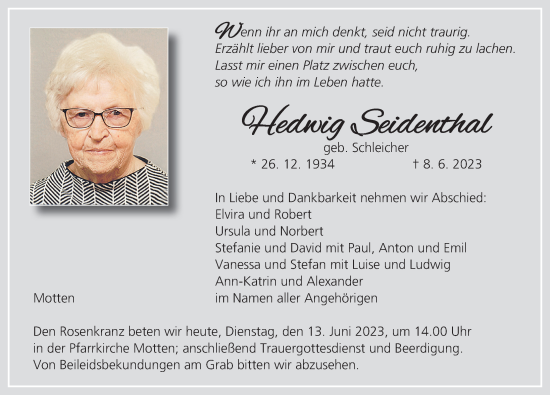 Traueranzeige von Hedwig Seidenthal von FZ