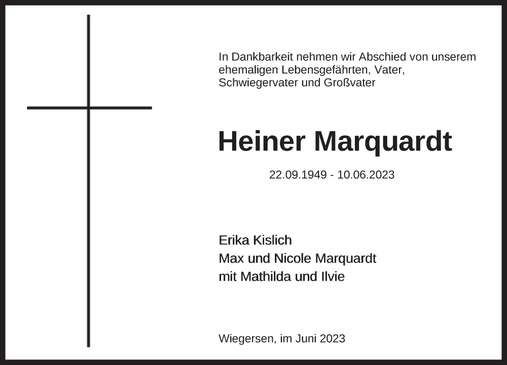  Traueranzeige für Heiner Marquardt vom 19.06.2023 aus FZ
