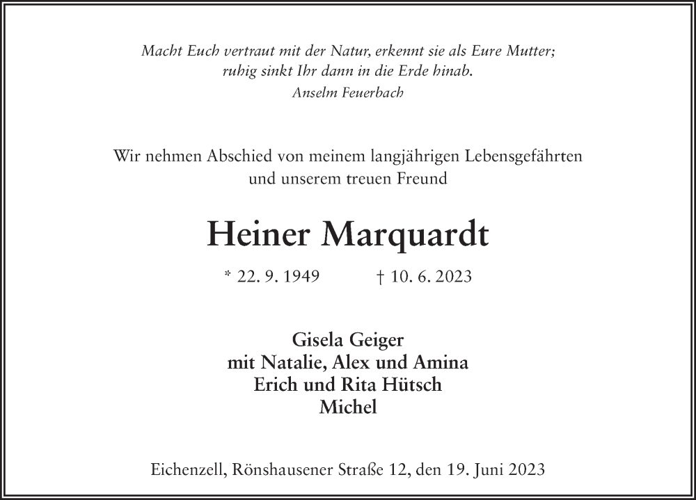  Traueranzeige für Heiner Marquardt vom 19.06.2023 aus FZ