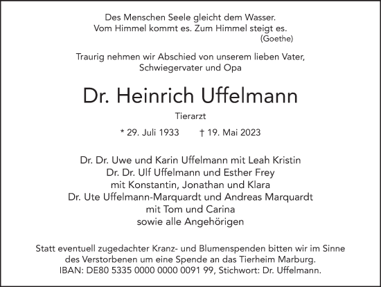 Traueranzeige von Heinrich Uffelmann von FZ