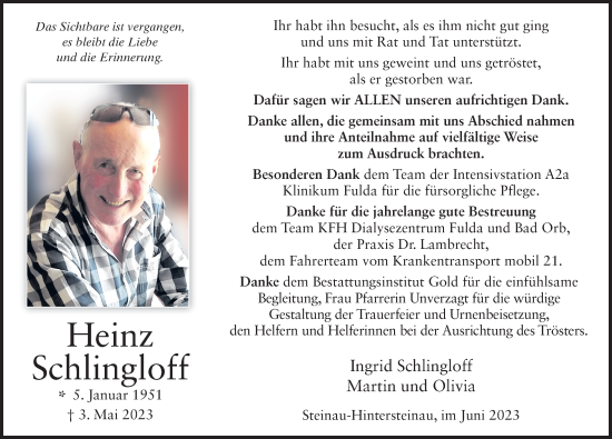 Traueranzeige von Heinz Schlingloff von FZ
