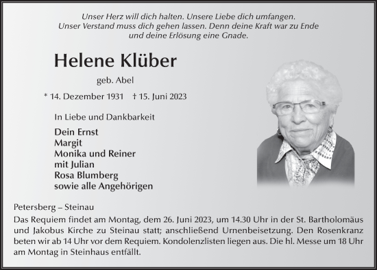 Traueranzeige von Helene Klüber von FZ