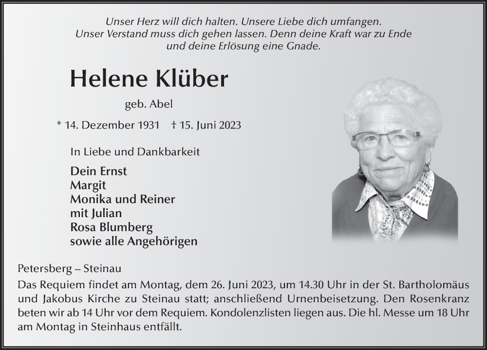  Traueranzeige für Helene Klüber vom 20.06.2023 aus FZ