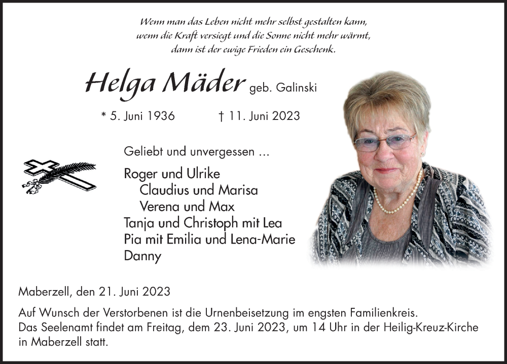  Traueranzeige für Helga Mäder vom 21.06.2023 aus FZ