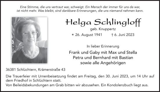 Traueranzeige von Helga Schlingloff von FZ