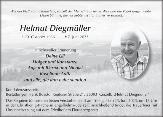 Traueranzeige von Helmut Diegmüller von FZ
