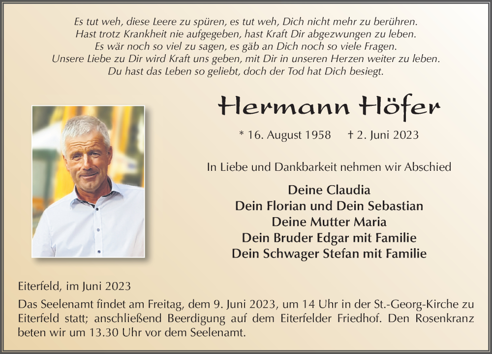  Traueranzeige für Hermann Höfer vom 07.06.2023 aus FZ