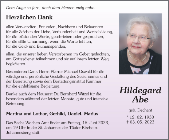 Traueranzeige von Hildegard Abe von FZ