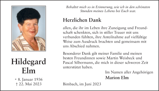 Traueranzeige von Hildegard Elm von FZ