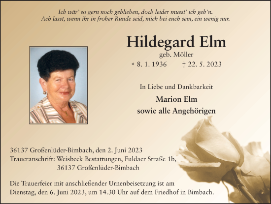 Traueranzeige von Hildegard Elm von FZ