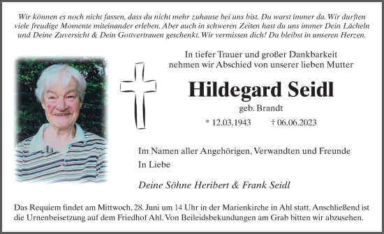 Traueranzeige von Hildegard Seidl von FZ