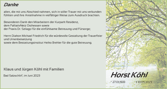 Traueranzeige von Horst Köhl von FZ