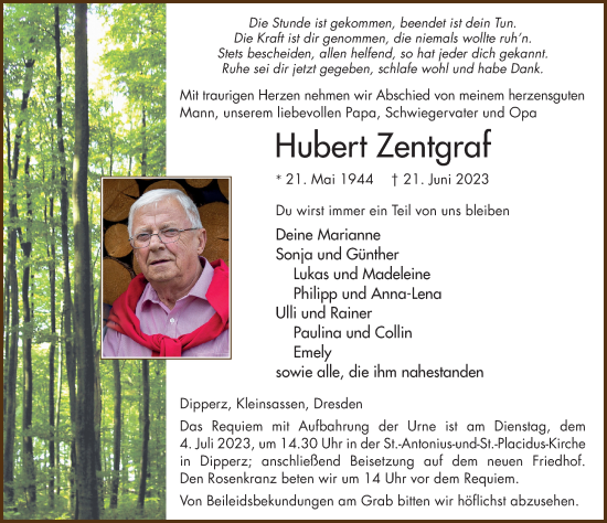 Traueranzeige von Hubert Zentgraf von FZ