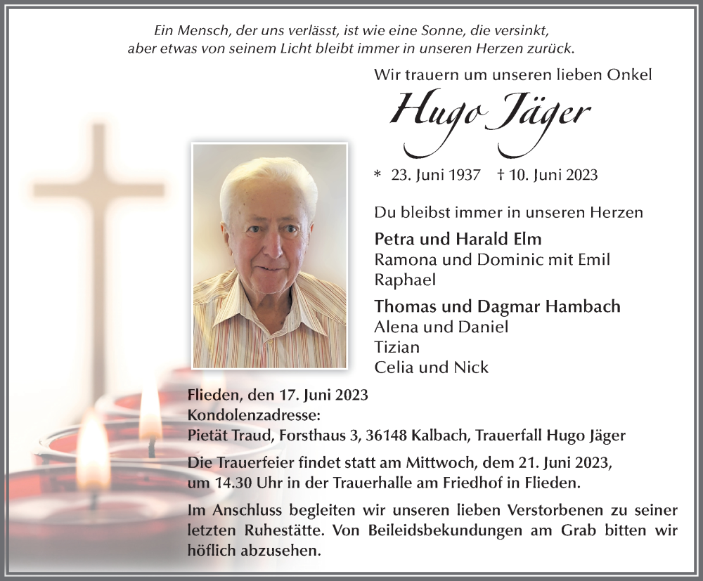  Traueranzeige für Hugo Jäger vom 17.06.2023 aus FZ