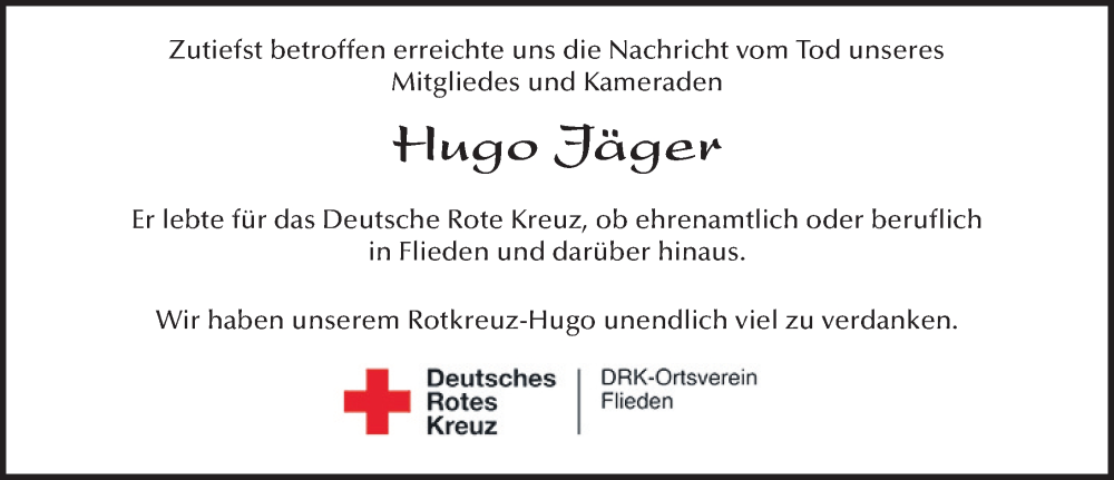  Traueranzeige für Hugo Jäger vom 17.06.2023 aus FZ