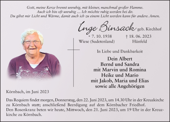 Traueranzeige von Inge Binsack von FZ