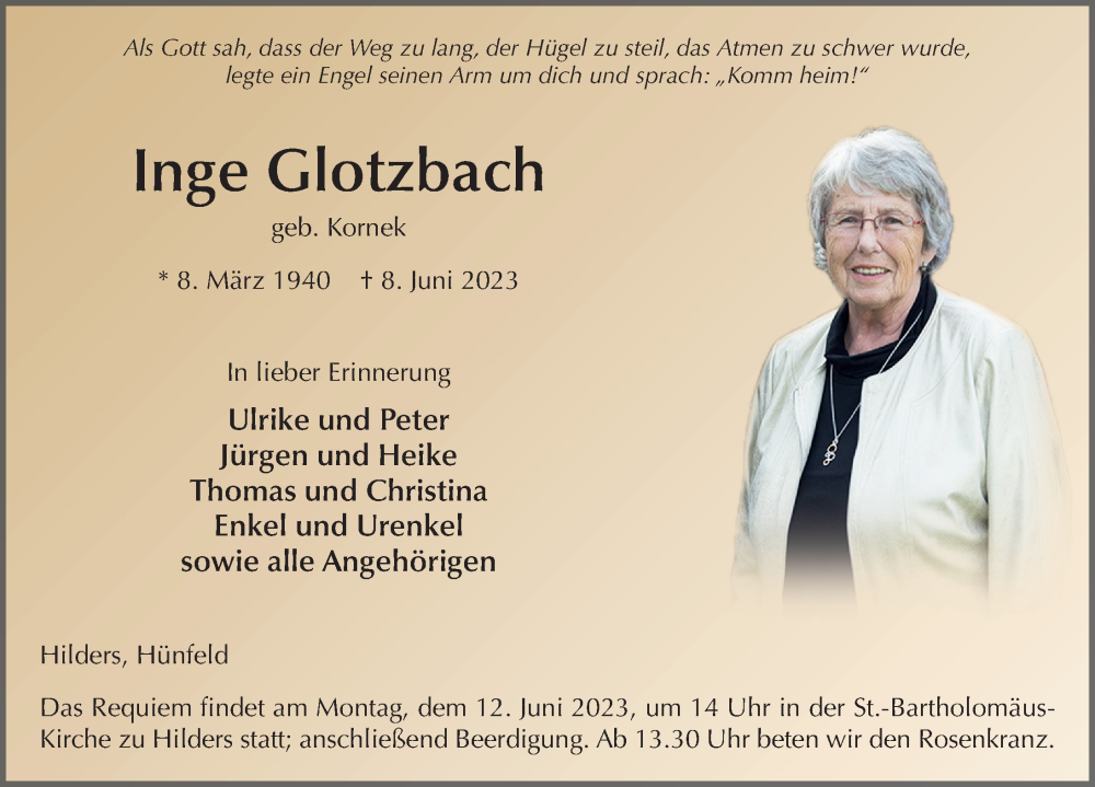  Traueranzeige für Inge Glotzbach vom 10.06.2023 aus FZ