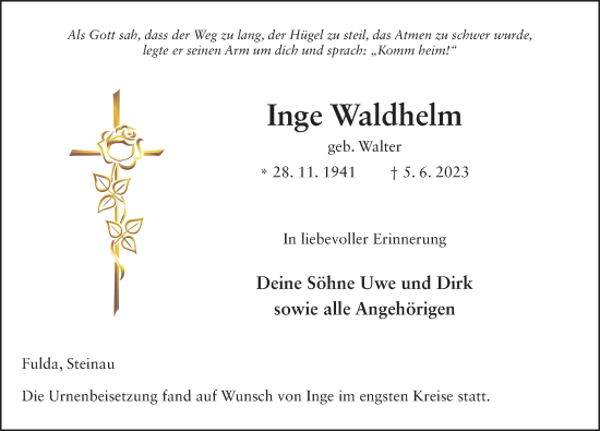 Traueranzeige von Inge Waldhelm von FZ