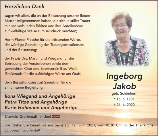 Traueranzeige von Ingeborg Jakob von FZ