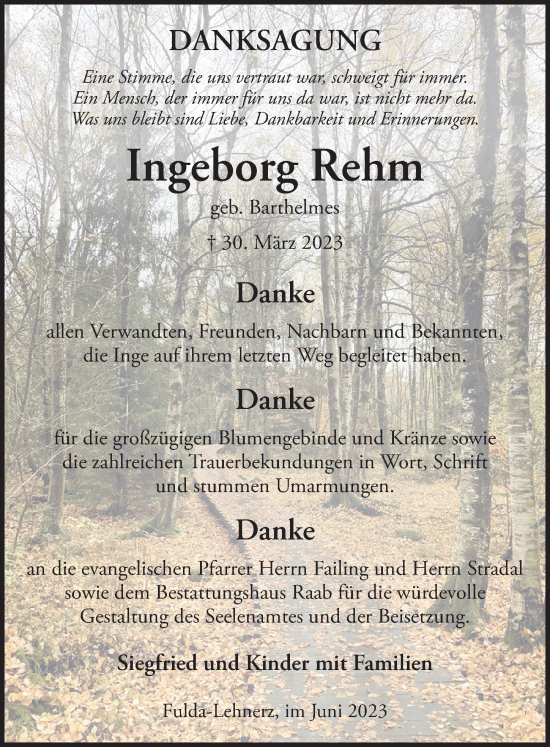 Traueranzeige von Ingeborg Rehm von FZ