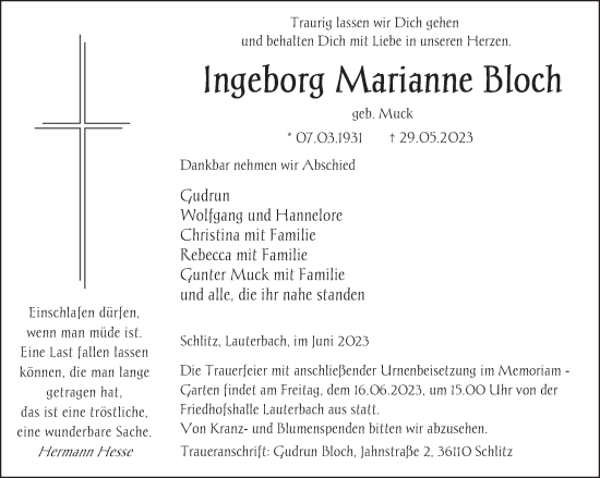 Traueranzeige von Ingeborg Marianne Bloch von FZ