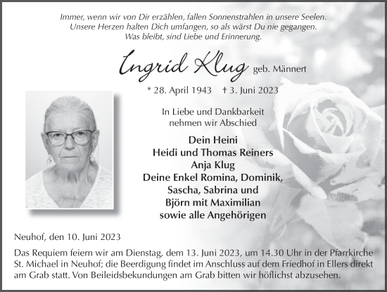 Traueranzeige von Ingrid Klug von FZ