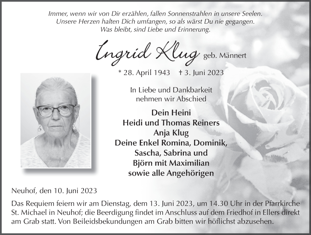  Traueranzeige für Ingrid Klug vom 10.06.2023 aus FZ