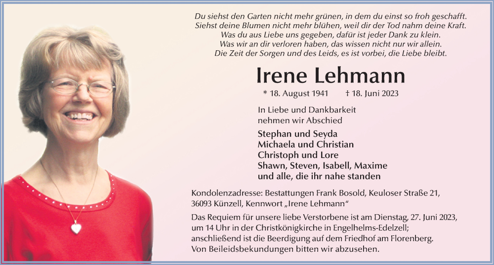  Traueranzeige für Irene Lehmann vom 24.06.2023 aus FZ