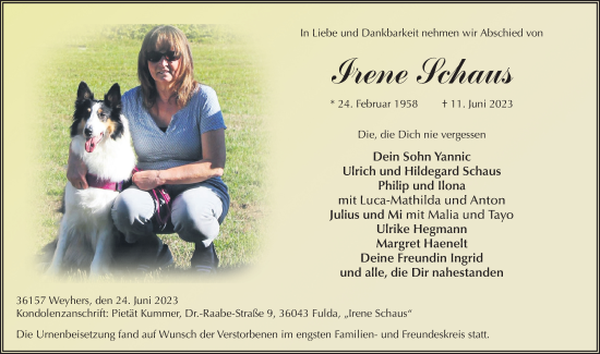 Traueranzeige von Irene Schaus von FZ