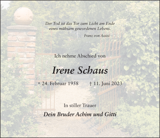 Traueranzeige von Irene Schaus von FZ