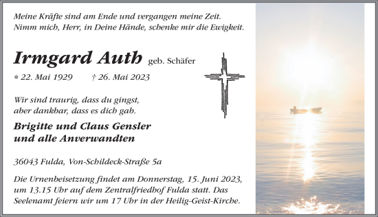 Traueranzeige von Irmgard Auth von FZ
