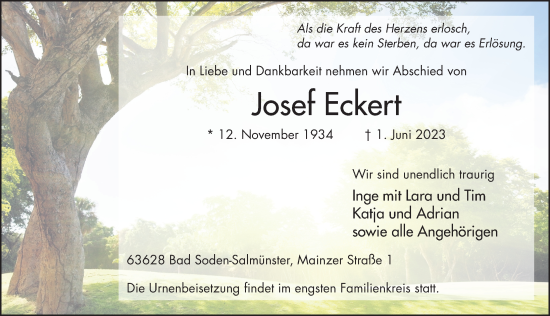 Traueranzeige von Josef Eckert von FZ