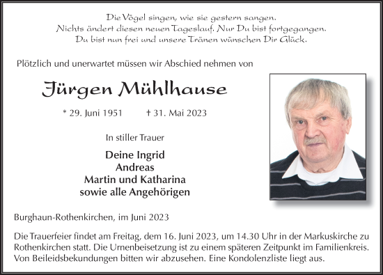 Traueranzeige von Jürgen Mühlhause von FZ