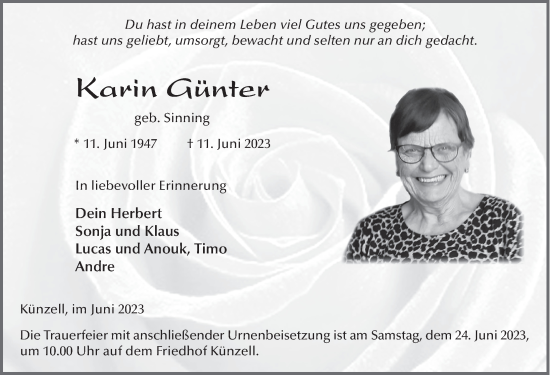 Traueranzeige von Karin Günter von FZ