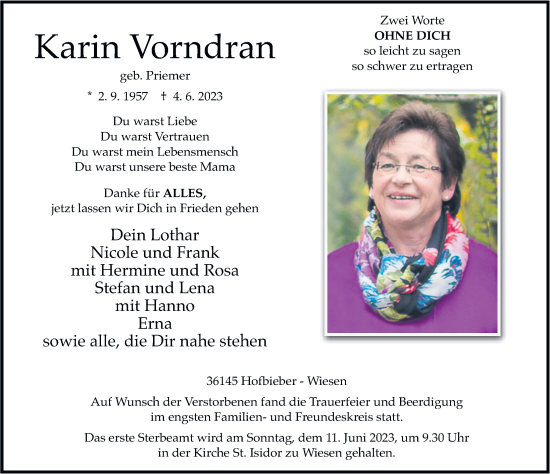 Traueranzeige von Karin Vorndran von FZ