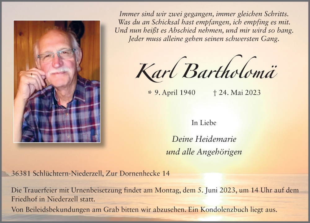  Traueranzeige für Karl Bartholomä vom 03.06.2023 aus FZ