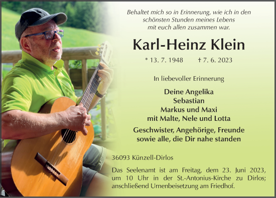 Traueranzeige von Karl-Heinz Klein von FZ