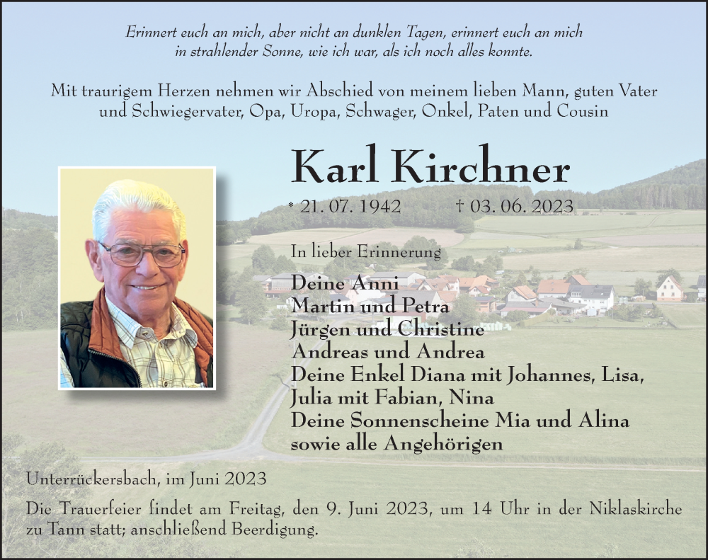  Traueranzeige für Karl Kirchner vom 07.06.2023 aus FZ