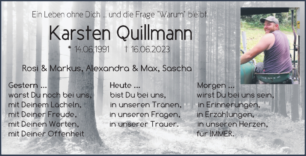  Traueranzeige für Karsten Quillmann vom 21.06.2023 aus FZ