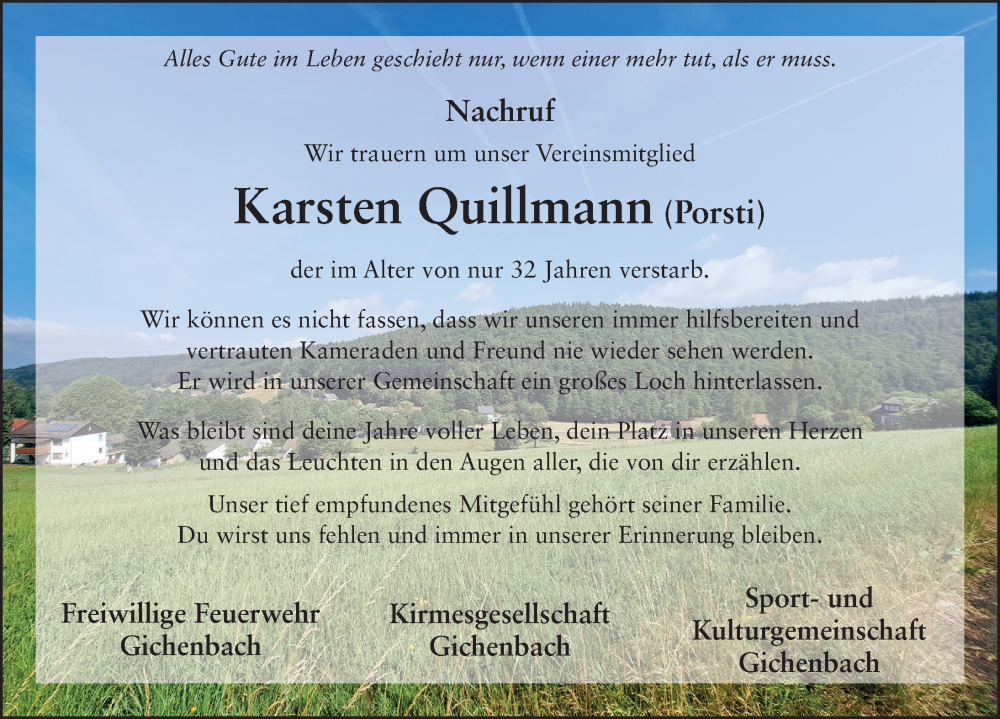  Traueranzeige für Karsten Quillmann vom 21.06.2023 aus FZ