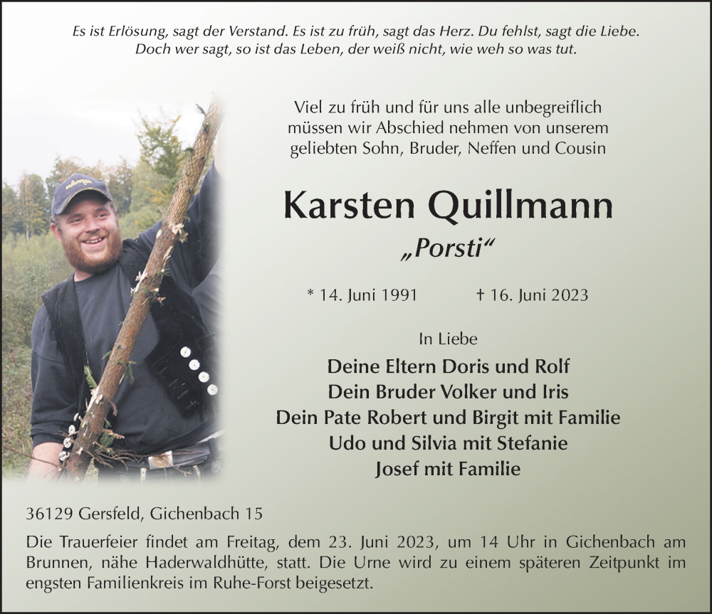  Traueranzeige für Karsten Quillmann vom 21.06.2023 aus FZ