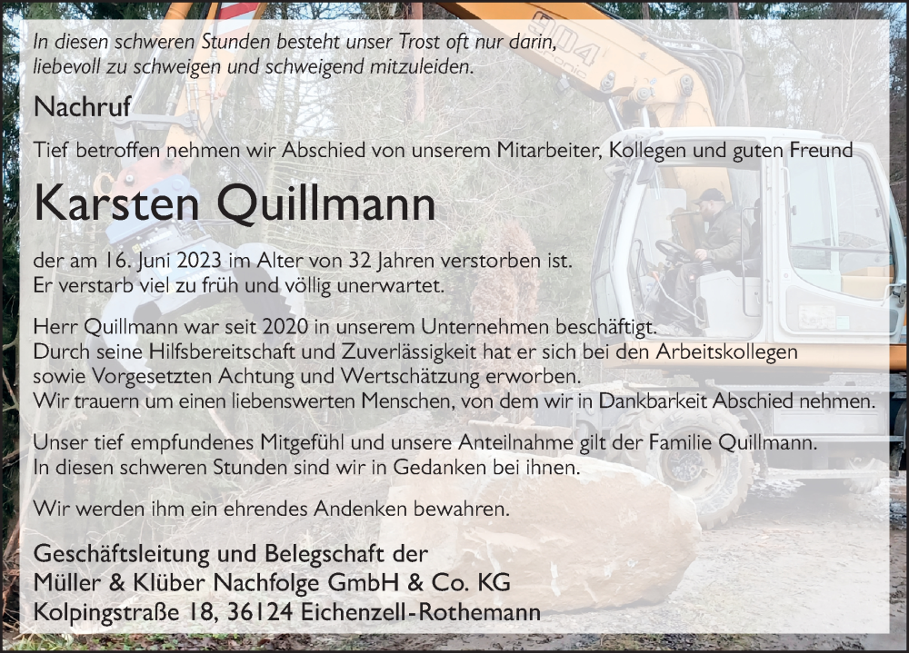  Traueranzeige für Karsten Quillmann vom 21.06.2023 aus FZ