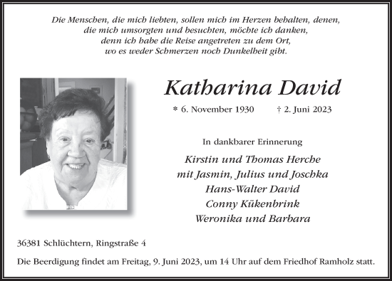 Traueranzeige von Katharina David von FZ
