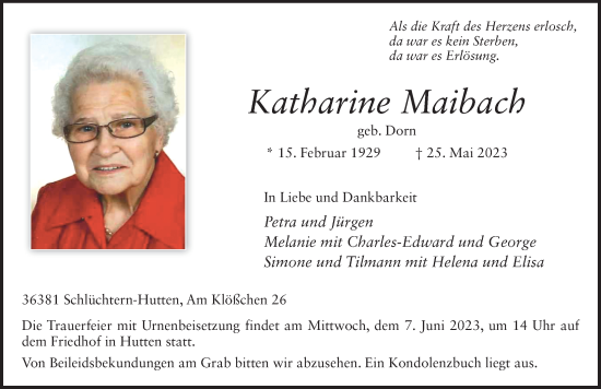 Traueranzeige von Katharine Maibach von FZ