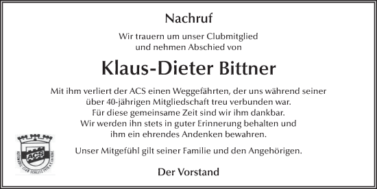 Traueranzeige von Klaus-Dieter Bittner von FZ
