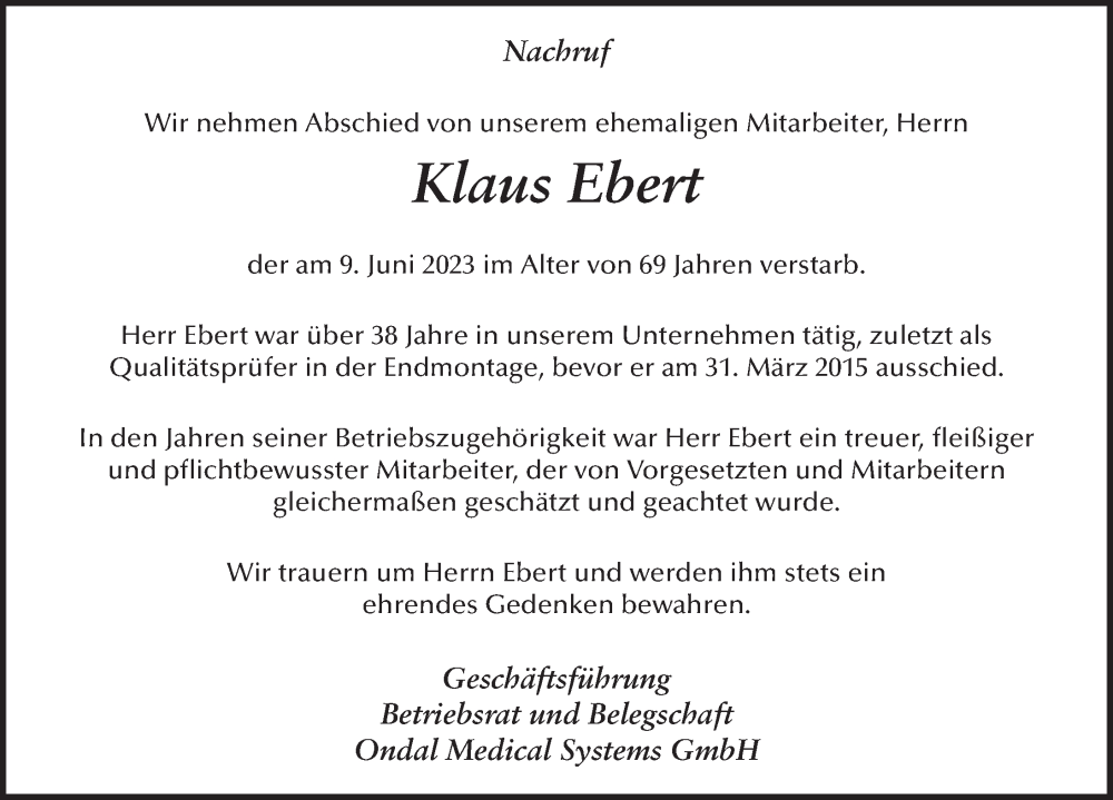  Traueranzeige für Klaus Ebert vom 13.06.2023 aus FZ