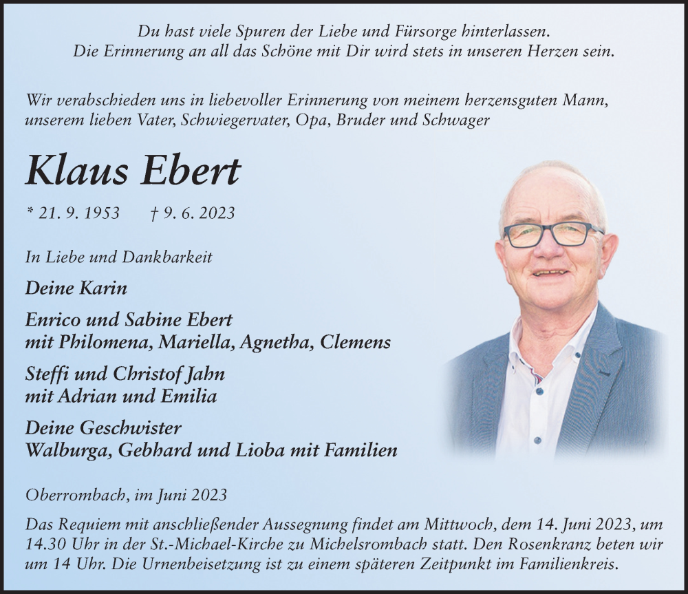  Traueranzeige für Klaus Ebert vom 12.06.2023 aus FZ