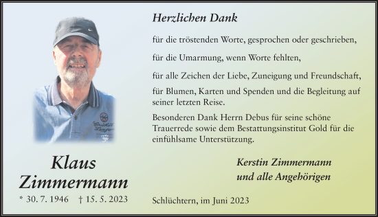 Traueranzeige von Klaus Zimmermann von FZ